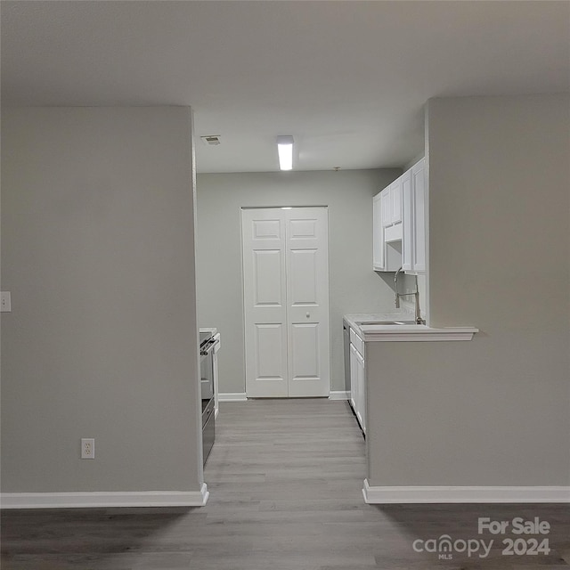 laundry area with light hardwood / wood-style flooring and sink