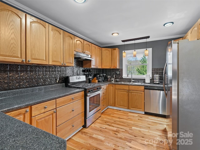 kitchen with a sink, under cabinet range hood, tasteful backsplash, stainless steel appliances, and light wood-style floors