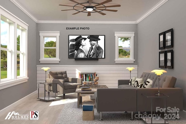 living room featuring hardwood / wood-style floors, plenty of natural light, and ornamental molding