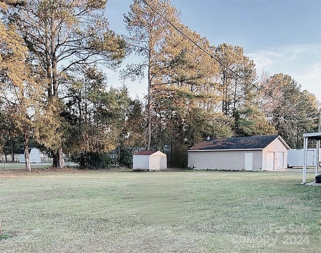 view of yard featuring a storage unit