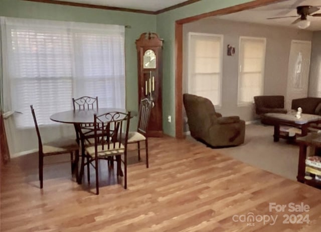 dining area featuring light hardwood / wood-style flooring, plenty of natural light, and ceiling fan