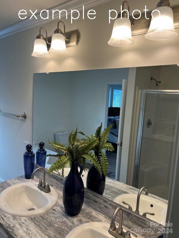 bathroom with vanity, an enclosed shower, and ornamental molding