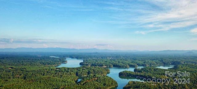 drone / aerial view featuring a water and mountain view