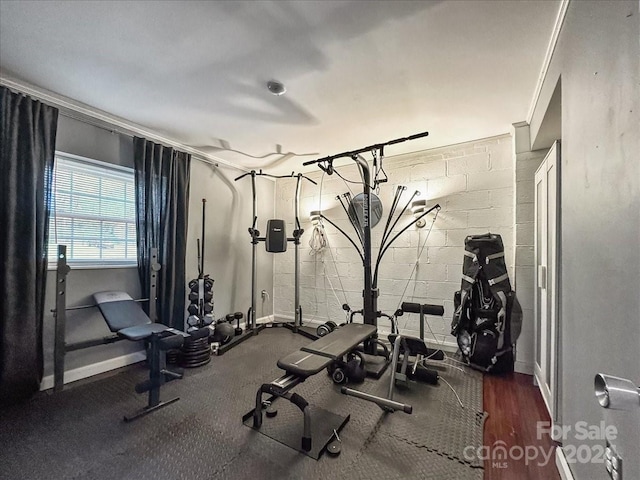 workout area with ornamental molding