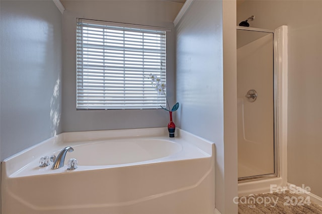 bathroom featuring a wealth of natural light and shower with separate bathtub