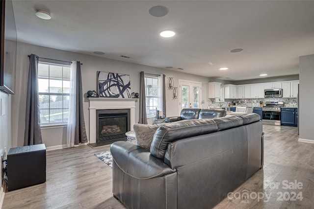 living room with light hardwood / wood-style flooring