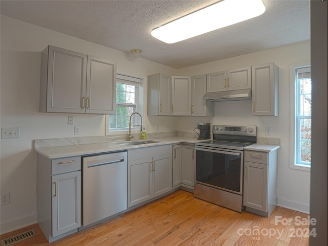 kitchen with gray cabinets, sink, light hardwood / wood-style floors, and appliances with stainless steel finishes