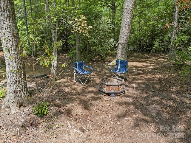 view of yard with a fire pit