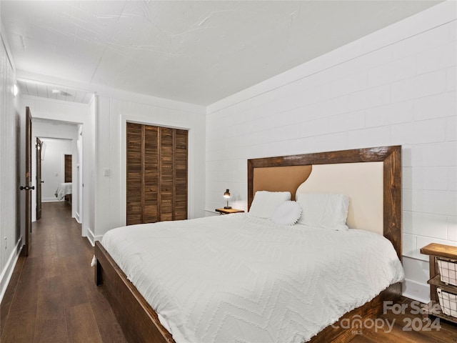 bedroom featuring dark wood-type flooring and a closet