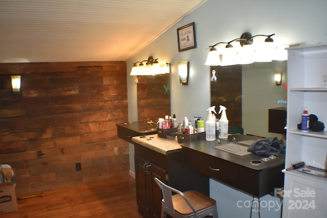 306 Mcadenville Rd, Lowell, NC 28098 - bathroom featuring vaulted ceiling, wood finished floors, and wood walls