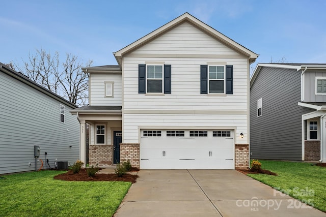 view of front of home featuring a garage, central air condition unit, and a front lawn