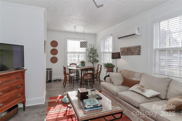 living room featuring a textured ceiling, hardwood / wood-style flooring, a wall unit AC, and crown molding