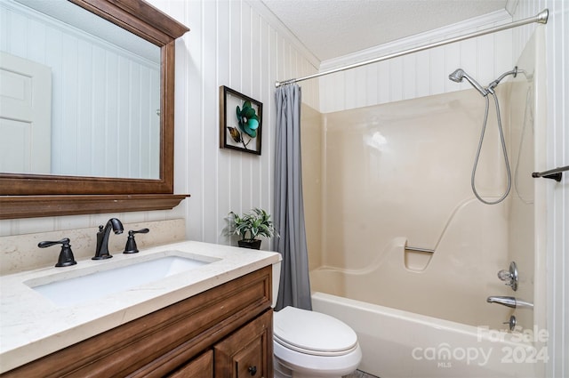 full bathroom featuring vanity, toilet, shower / bathtub combination with curtain, a textured ceiling, and ornamental molding