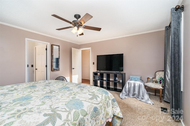 bedroom featuring carpet floors, ceiling fan, and ornamental molding