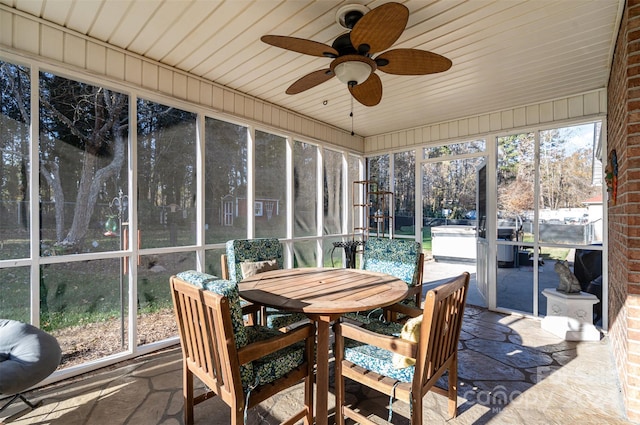 sunroom featuring ceiling fan and wood ceiling