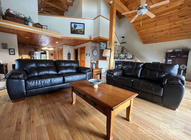 living room featuring high vaulted ceiling, light hardwood / wood-style flooring, ceiling fan, beamed ceiling, and wood ceiling