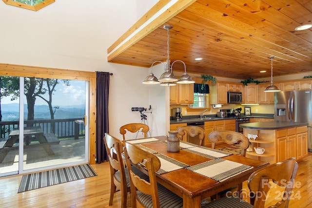 dining space featuring sink, an inviting chandelier, light hardwood / wood-style flooring, wooden ceiling, and a mountain view