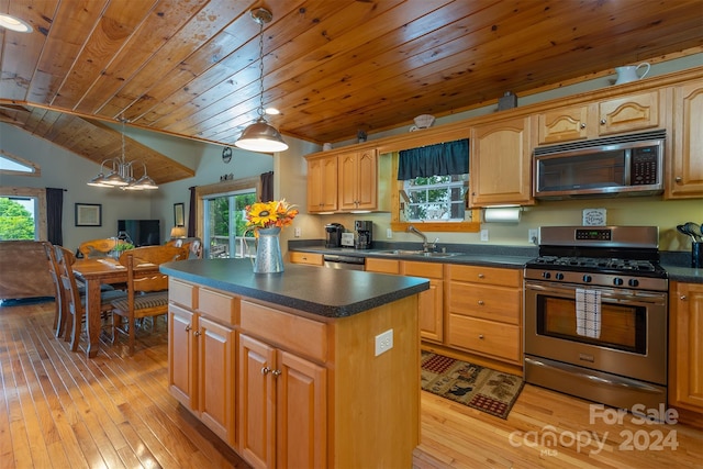 kitchen with appliances with stainless steel finishes, wood ceiling, sink, a center island, and light hardwood / wood-style floors