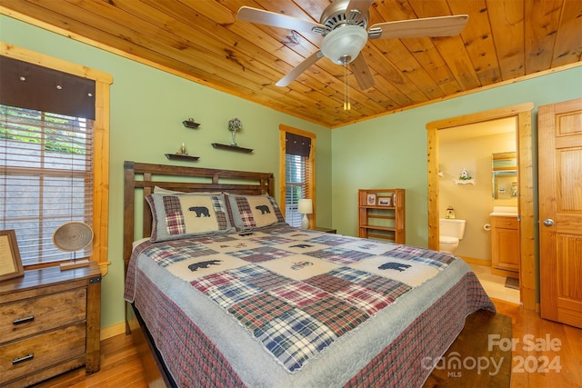 bedroom with light wood-type flooring, ensuite bath, ceiling fan, and wooden ceiling