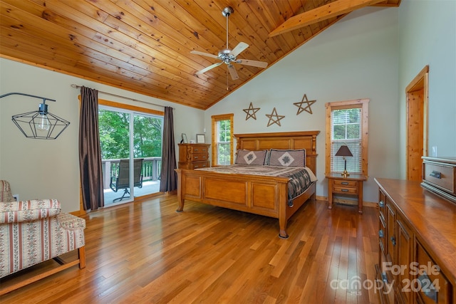 bedroom featuring wood ceiling, light hardwood / wood-style flooring, access to outside, and multiple windows