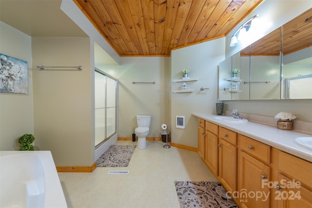 full bathroom with plus walk in shower, vanity, toilet, and wooden ceiling