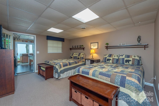 bedroom featuring a paneled ceiling and light colored carpet