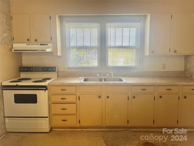 707 7th St, Spencer, NC 28159 - kitchen with under cabinet range hood, white range with electric stovetop, and light countertops
