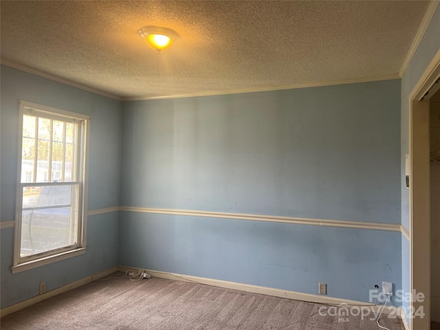 empty room featuring carpet flooring, ornamental molding, and a textured ceiling