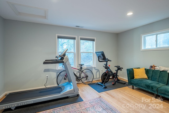 exercise area featuring hardwood / wood-style flooring