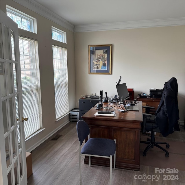 office with ornamental molding and light wood-type flooring