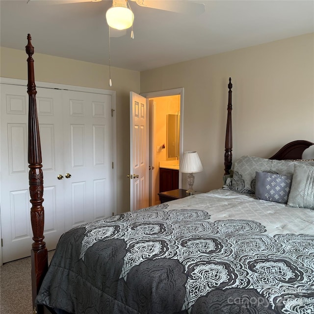 bedroom featuring carpet flooring, a closet, and ceiling fan