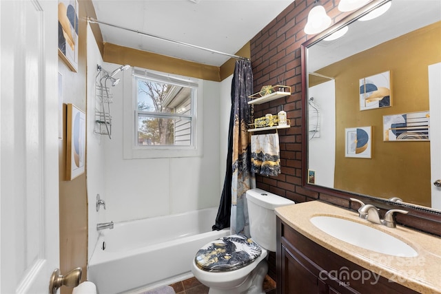 full bathroom featuring vanity, tile patterned flooring, toilet, shower / tub combo, and brick wall