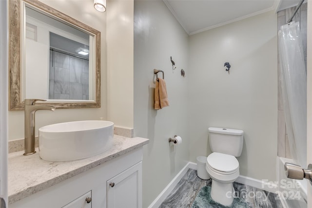 bathroom featuring toilet, crown molding, and walk in shower