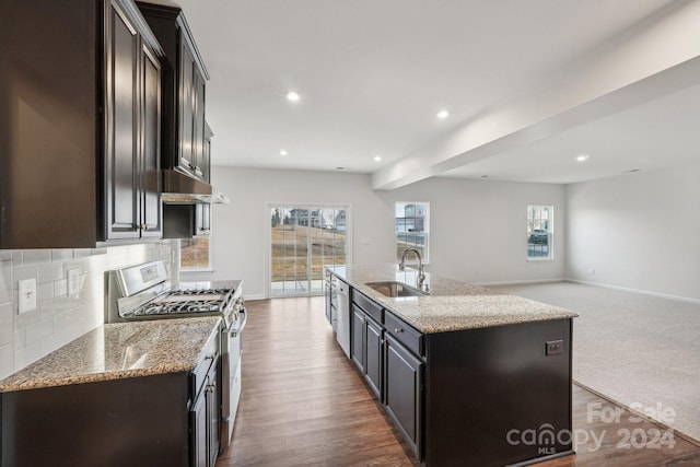 kitchen with sink, stainless steel appliances, light stone counters, dark hardwood / wood-style flooring, and a kitchen island with sink