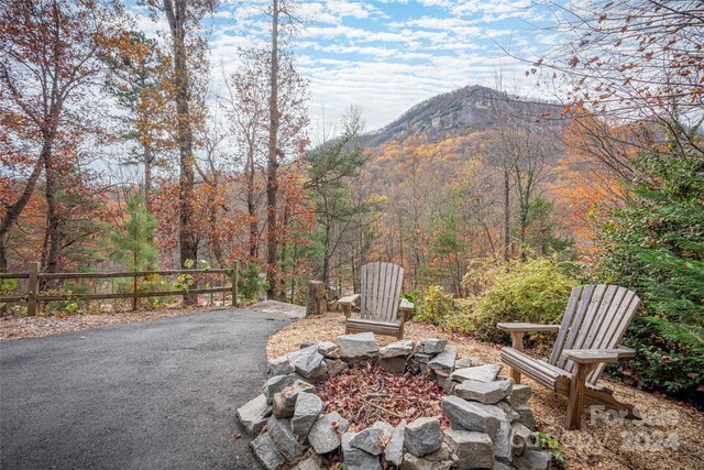 view of patio / terrace featuring a mountain view