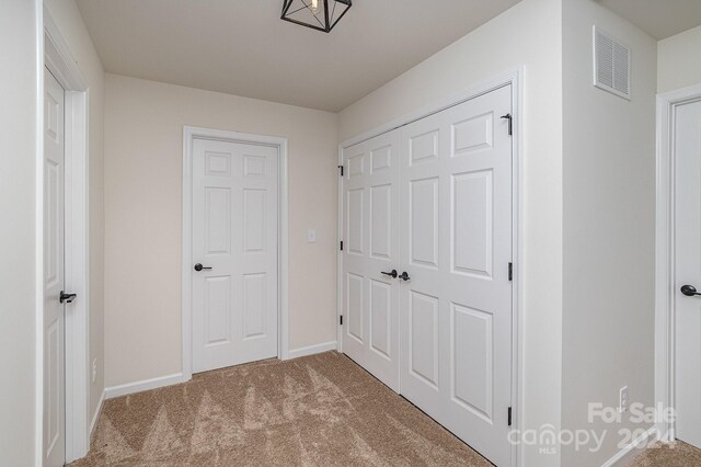 interior space featuring a closet and light colored carpet