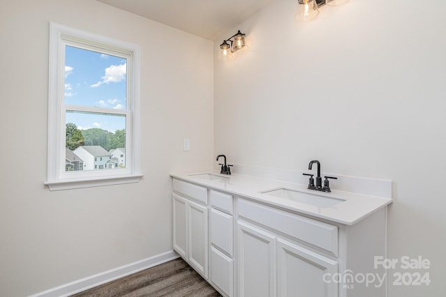 bathroom with vanity and wood-type flooring