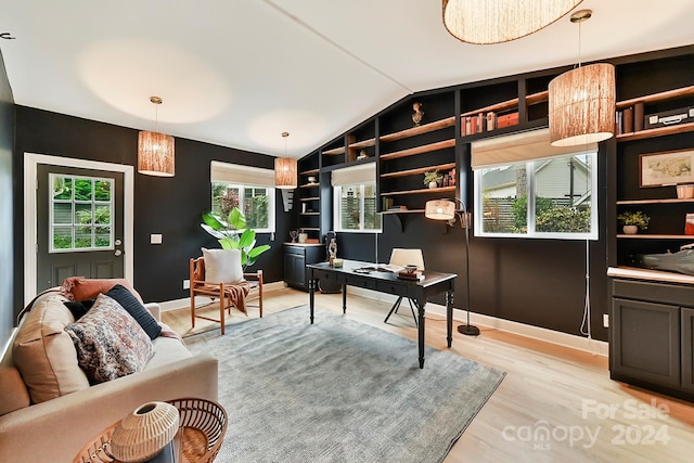 office with light hardwood / wood-style flooring and lofted ceiling