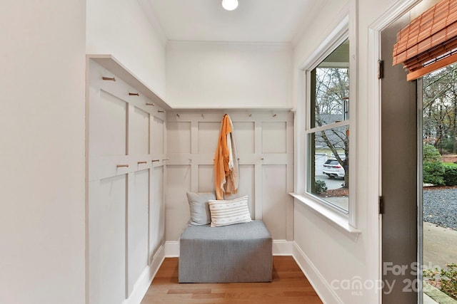 mudroom with ornamental molding, a wealth of natural light, and light hardwood / wood-style flooring