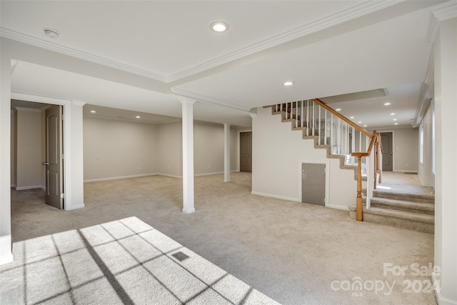 basement featuring light colored carpet and crown molding