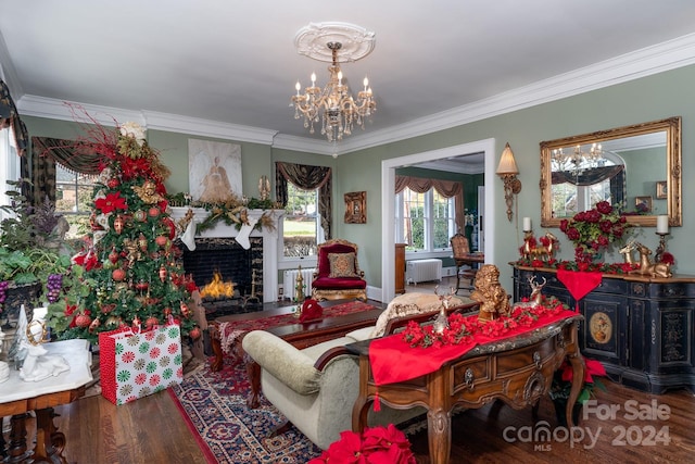 living room featuring a chandelier, wood-type flooring, radiator, and ornamental molding