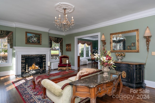 living room with radiator, a wealth of natural light, a fireplace, and dark wood-type flooring