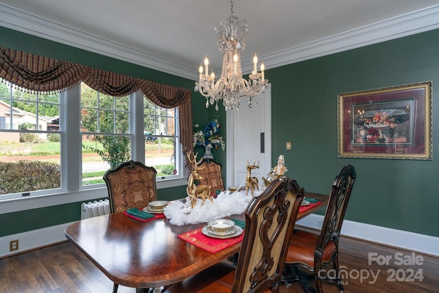 dining space featuring dark hardwood / wood-style flooring, crown molding, radiator, and an inviting chandelier