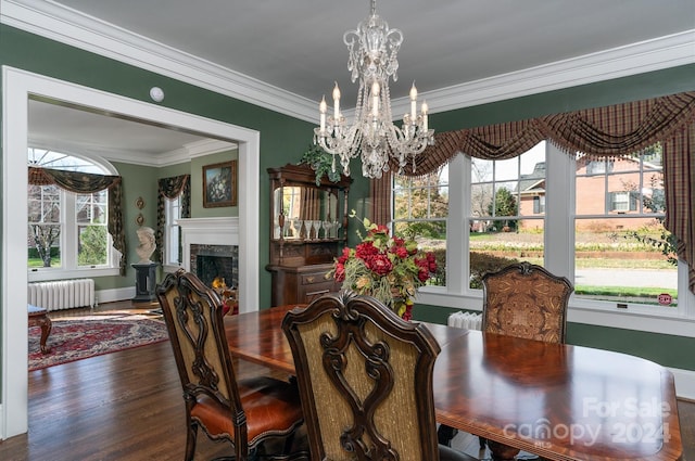 dining area featuring a fireplace, radiator heating unit, and a wealth of natural light