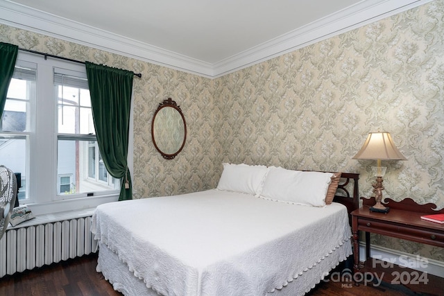 bedroom with crown molding, radiator, and dark wood-type flooring