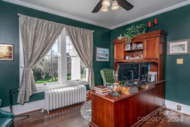 office space with dark hardwood / wood-style flooring, crown molding, radiator heating unit, and ceiling fan