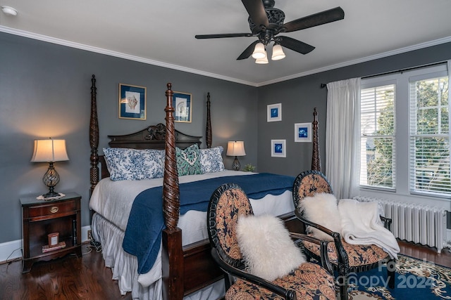 bedroom featuring ceiling fan, radiator heating unit, dark hardwood / wood-style floors, and ornamental molding