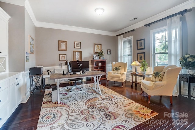 office area featuring ornamental molding and dark hardwood / wood-style flooring