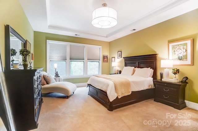 carpeted bedroom with a tray ceiling