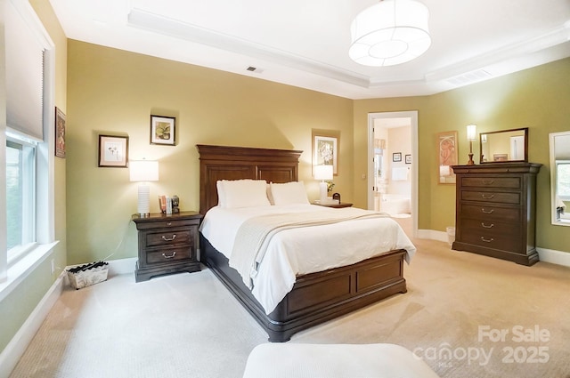 carpeted bedroom with a raised ceiling and ensuite bathroom